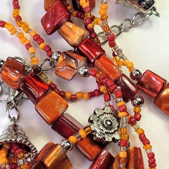 Iridescent Red Coral Floral Multi Strand Necklace With Earrings - Picture 10 of 13